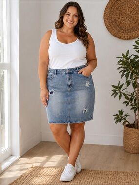 The Main Street Exchange Skirt Womens Size 16 Blue Distressed Denim Midi